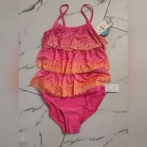 NWT Girls Breaking Waves Berry Glow 3 Tier Tankini Swimsuit  Size 14